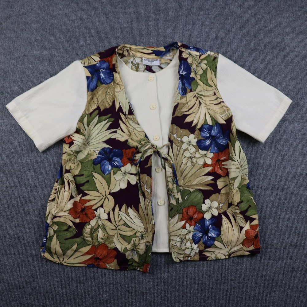 Alfred Dunner Shirt Womens Petite 14 Floral Vest Overlay Tie Front Made in USA